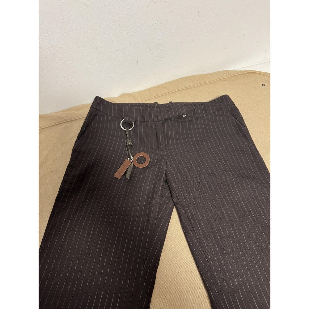 Weber Pants Womens 44 Brown Pinstripe Leather Trim Side Snap Tailored Trousers